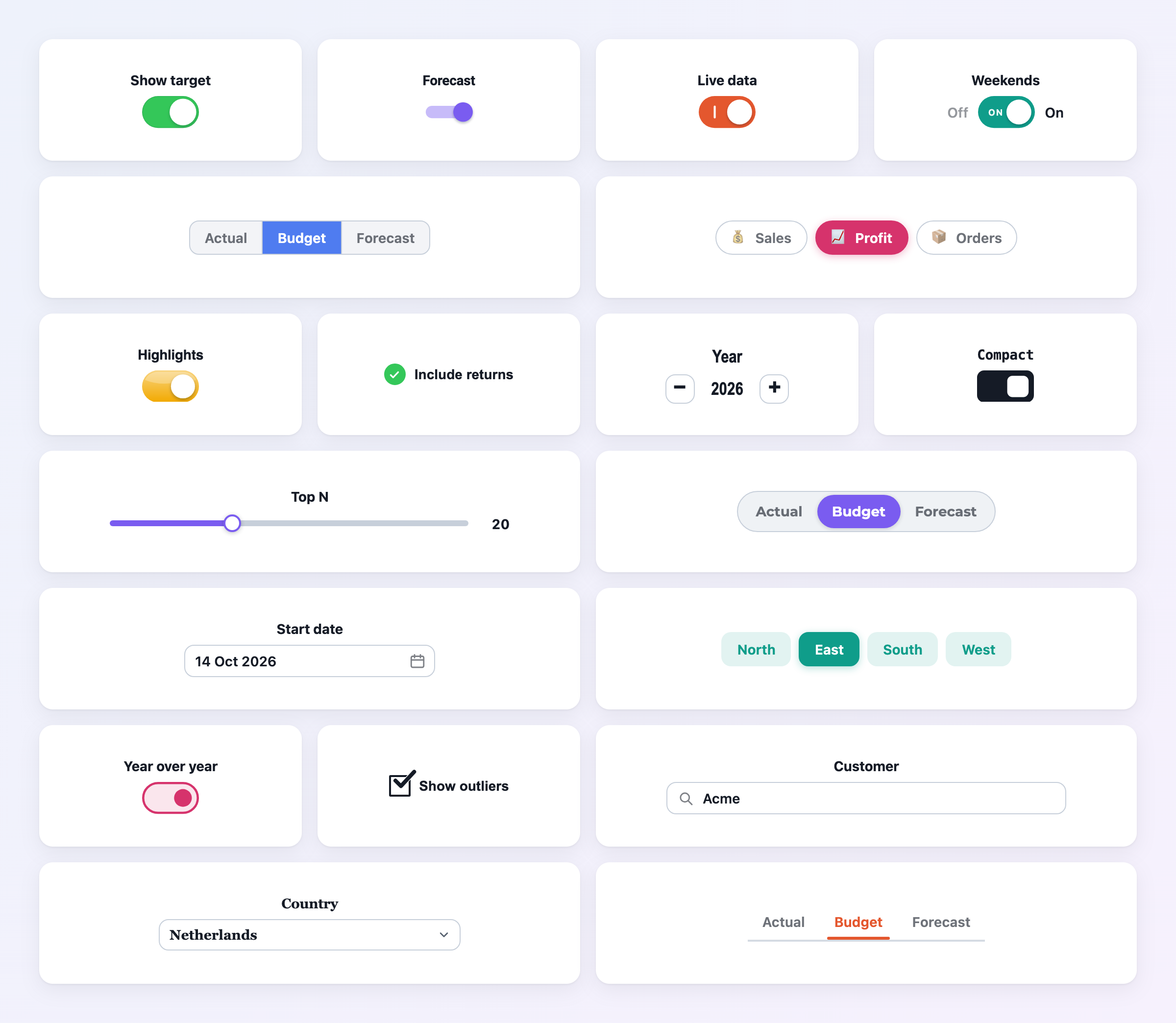 Nineteen Latch controls: toggle switches, segmented controls, buttons, checkboxes, a slider, a stepper, input boxes and a dropdown, in different colors and fonts